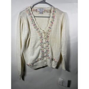Vintage Sarit Cream Floral Embroidered Knit Cardigan Sweater Womens‎ Size S